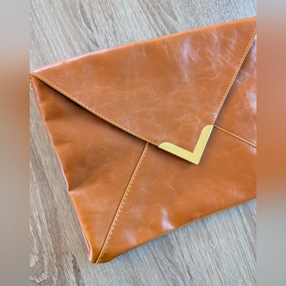 Vintage Nordstrom Faux Leather Envelope Clutch Purse Bag Cosmetic Camel Brown - Picture 2 of 5